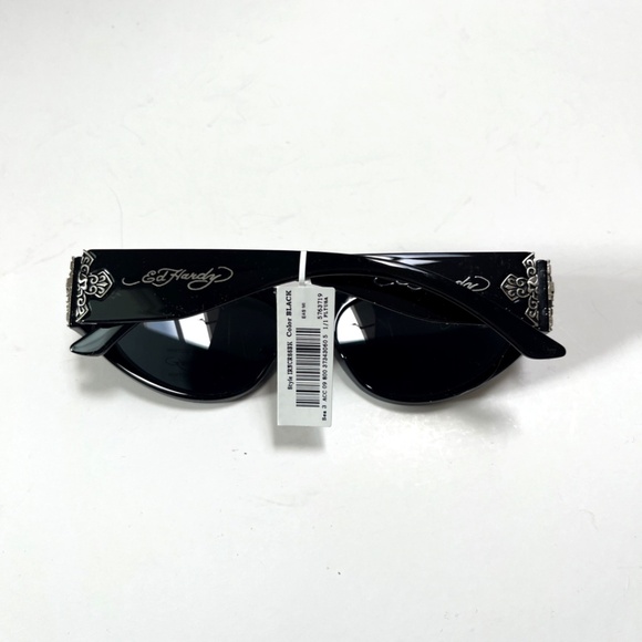 Ed Hardy Black Wrap Sunglasses Silver Gothic Cross Logo Y2K Unisex UV400 Acetate - Picture 6 of 7